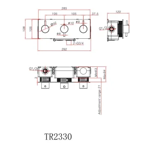 Ava Trend 4 Way 3 Handle Thermostat Valve W/backplate - Brushed Stainless Steel technical drawing - Image 4