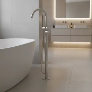 AVA Trend Floor Mounted Bath Shower Mixer Tap - Polished Stainless Steel detail view - Image 3
