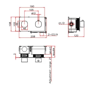 Ava Purity 1 Way 2 Handle Thermostatic Valve W/ Backplate - Brushed Brass technical drawing - Image 2