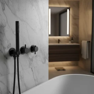 Ava Trend 2 Way 2 Handle Thermostatic Valve With Built In Hand Shower W/3 Hole Flanges - Brushed Black detail view - Image 2