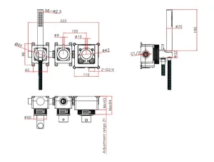 Ava Trend 2 Way 2 Handle Thermostatic Valve With Built In Hand Shower W/3 Hole Flanges - Brushed Black technical drawing - Image 4