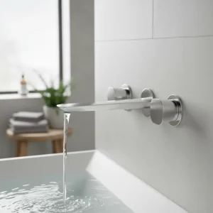 Ava Purity 3 Hole Wall Mounted Basin Mixer W/ Flanges - Polished Stainless Steel detail view - Image 2