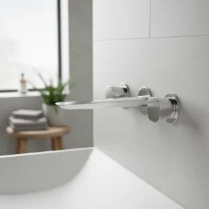 Ava Purity 3 Hole Wall Mounted Basin Mixer W/ Flanges - Polished Stainless Steel detail view - Image 3