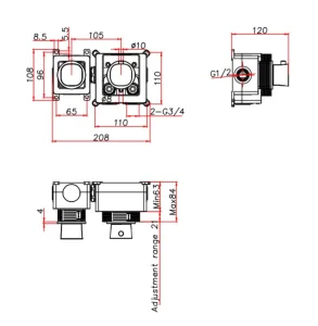 Ava Purity 1 Way 2 Handle Thermostatic Valve W/ Flanges - Polished Stainless Steel technical drawing - Image 3