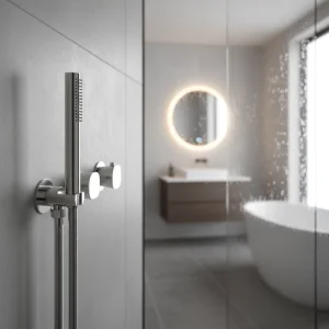 Ava Purity 2 Way 2 Handle Thermostatic Valve With Built In Hand Shower W/3 Hole Flanges - Polished Stainless Steel detail view - Image 2