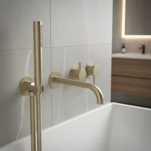 Ava Trend Thermostatic 4 Hole Wall Mounted Bath Shower Mixer - Brushed Brass detail view - Image 2