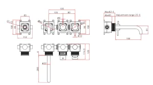 Ava Trend Thermostatic 4 Hole Wall Mounted Bath Shower Mixer - Brushed Brass technical drawing - Image 3