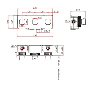 Ava Purity 4 Way 3 Handle Thermostat Valve W/backplate - Polished Stainless Steel technical drawing - Image 2