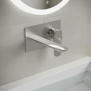 Ava Purity 2 Hole Wall Mounted Basin Mixer With Backplate - Polished Stainless Steel detail view - Image 2