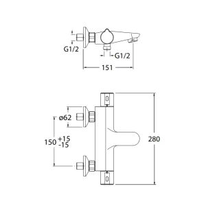 Crosswater Exposed Touch Thermostatic Bath Shower Mixer Chrome technical drawing - Image 2
