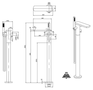 Crosswater Wisp Floor Standing Thermostatic Bath Shower Mixer Tap with Shower Kit Matt Black technical drawing - Image 2