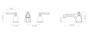 Saneux Cromwell 3 Piece Lever Handle Basin Mixer & Waste - Chrome technical drawing - Image 2