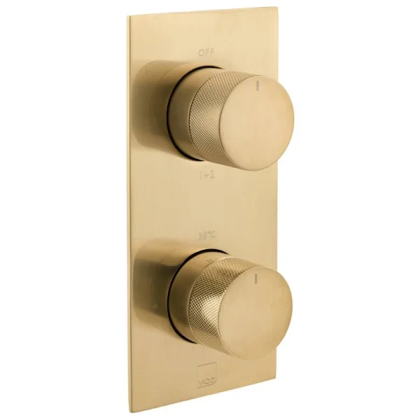 Vado Individual Tablet Knurled Vertical Concealed 2 Outlet, 2 Handle Thermostatic Valve With Knurled Handles Brushed Gold