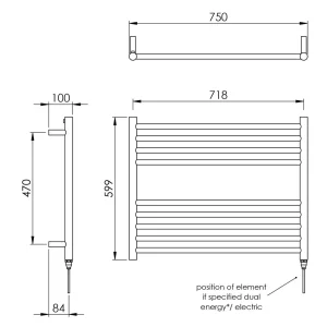 Vogue Pearl Towel Radiator Dual Energy - Polished Stainless Steel 600X750 technical drawing - Image 3