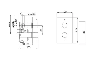 Just Taps Vos Thermostatic Concealed 1 Outlet Shower Valve Brushed Brass technical drawing - Image 2