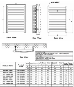 Reina Eos 600 X 1500 Curved Stainless Steel Towel Rail technical drawing - Image 4