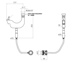 Just Taps Vos Pull-Out Shower Handle With Overflow Waste Drainer Brushed Brass technical drawing - Image 2