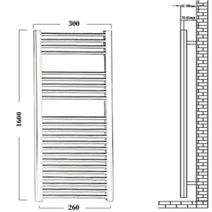 Reina Diva 300 X 1600 Towel Radiator Chrome Flat technical drawing - Image 3