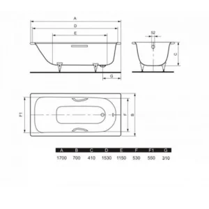 Kaldewei Saniform Plus 1700 X 700mm Bath - White - 2 Tap Hole (excl. Feet) technical drawing - Image 5
