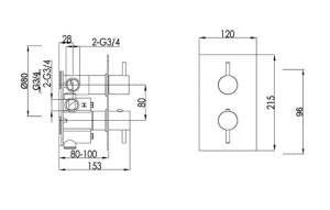 Just Taps Vos Thermostatic Concealed 2 Outlet Shower Valve Brushed Brass technical drawing - Image 2
